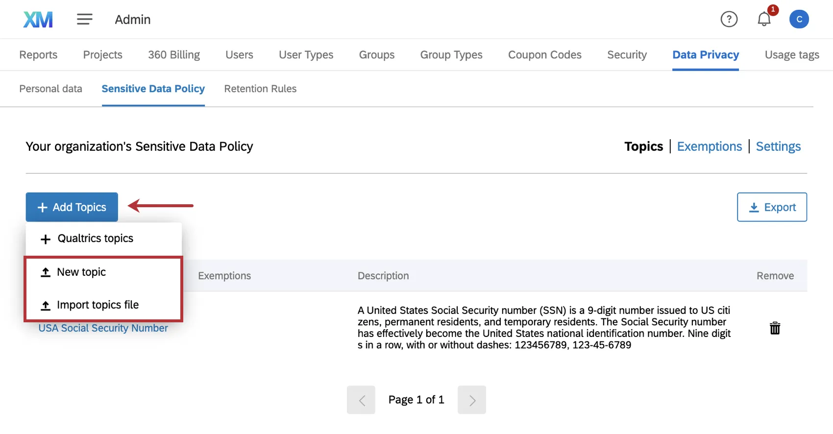 image of the add topics button. The New topic and import topics file options are highlighted