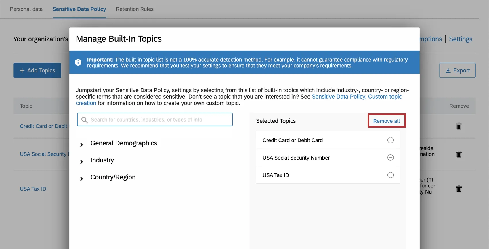 image of the remove all option when managing the built-in topics