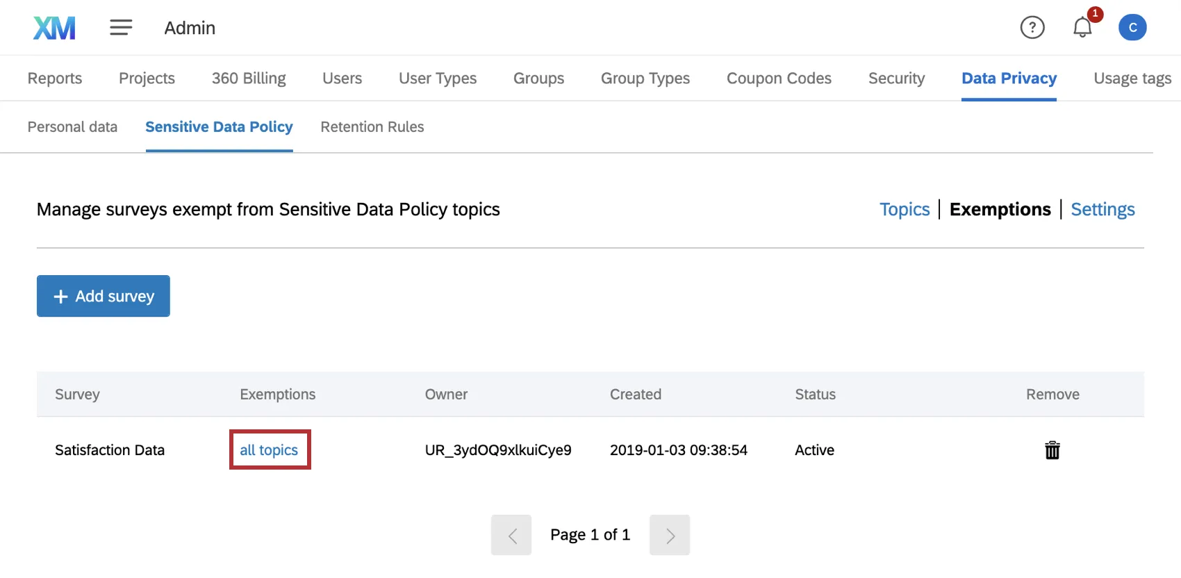 Exemption you made listed on exemptions page. Topic column has linked blue text