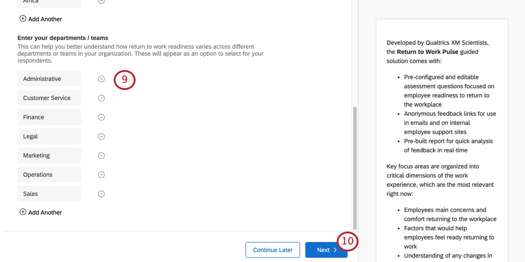 Serie de campos de texto abiertos que enumeran los nombres de los departamentos. Debajo de esto, un botón llamado Agregar abajo. Abajo a la derecha, cuando ya no puedes desplazarte más, botón azul siguiente
