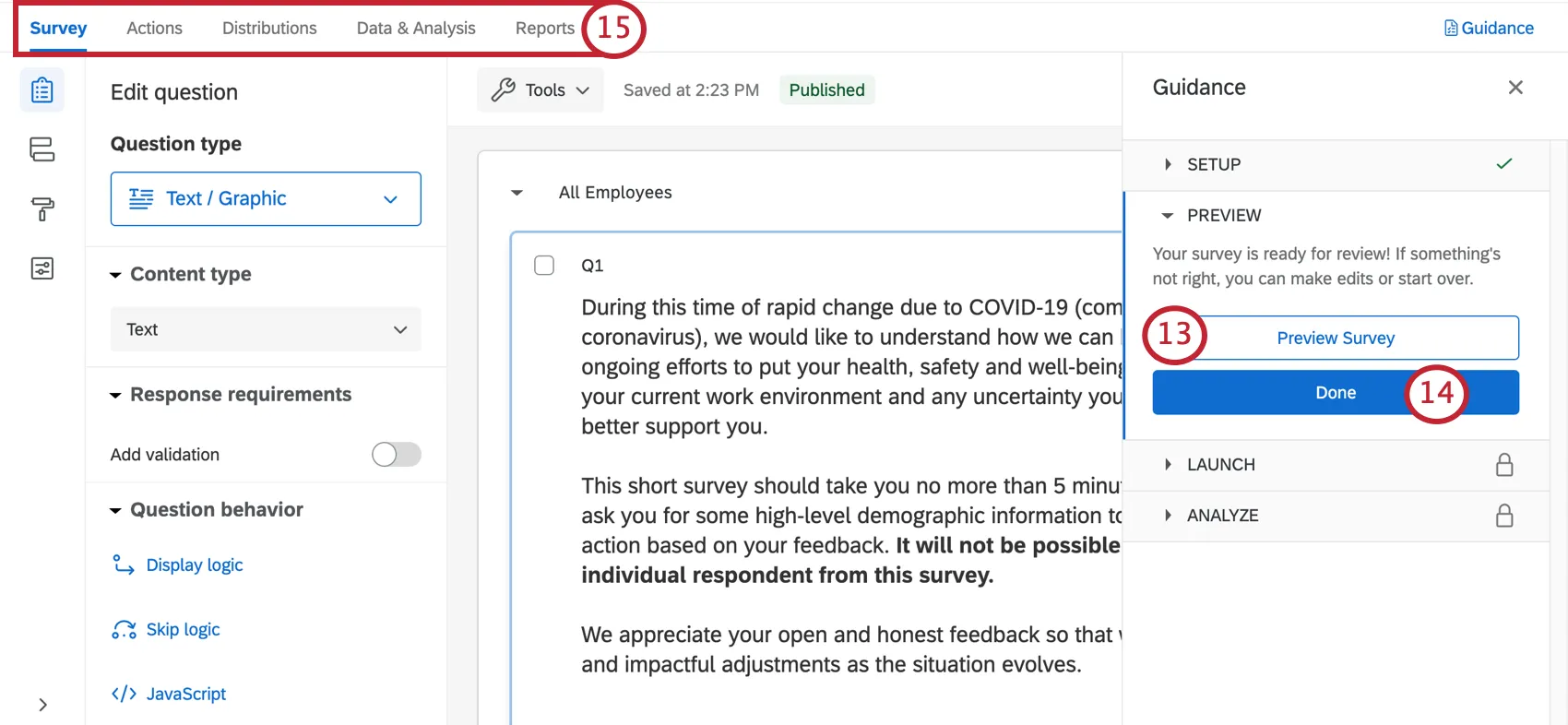 Survey builder open with a guidance sidebar to the right that takes you through key steps