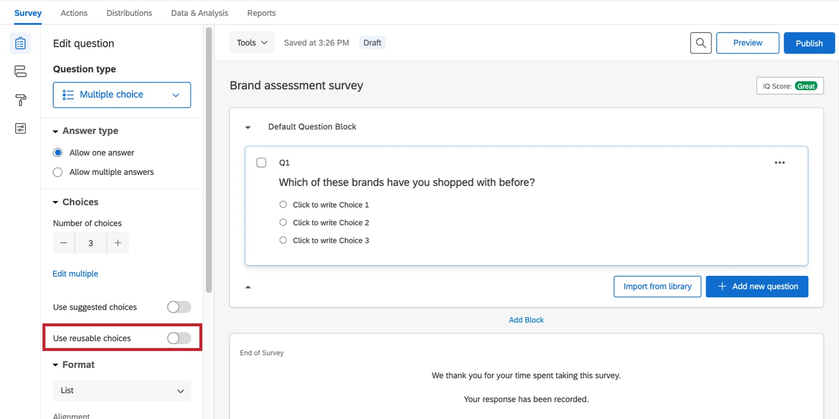 The Use Reusable Choices option on the question editing pane