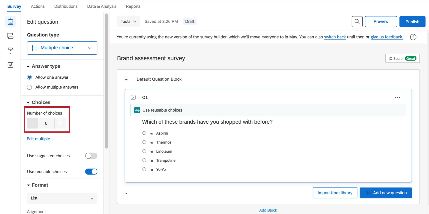 Teal Reusable Choices banner; On the question editing pane, it says there are 0 choices