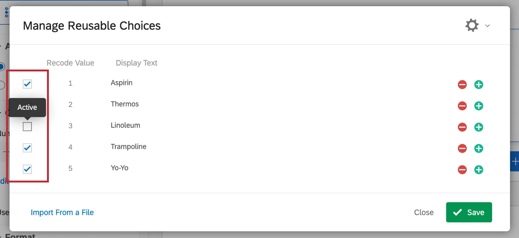 Selecting choices along the left