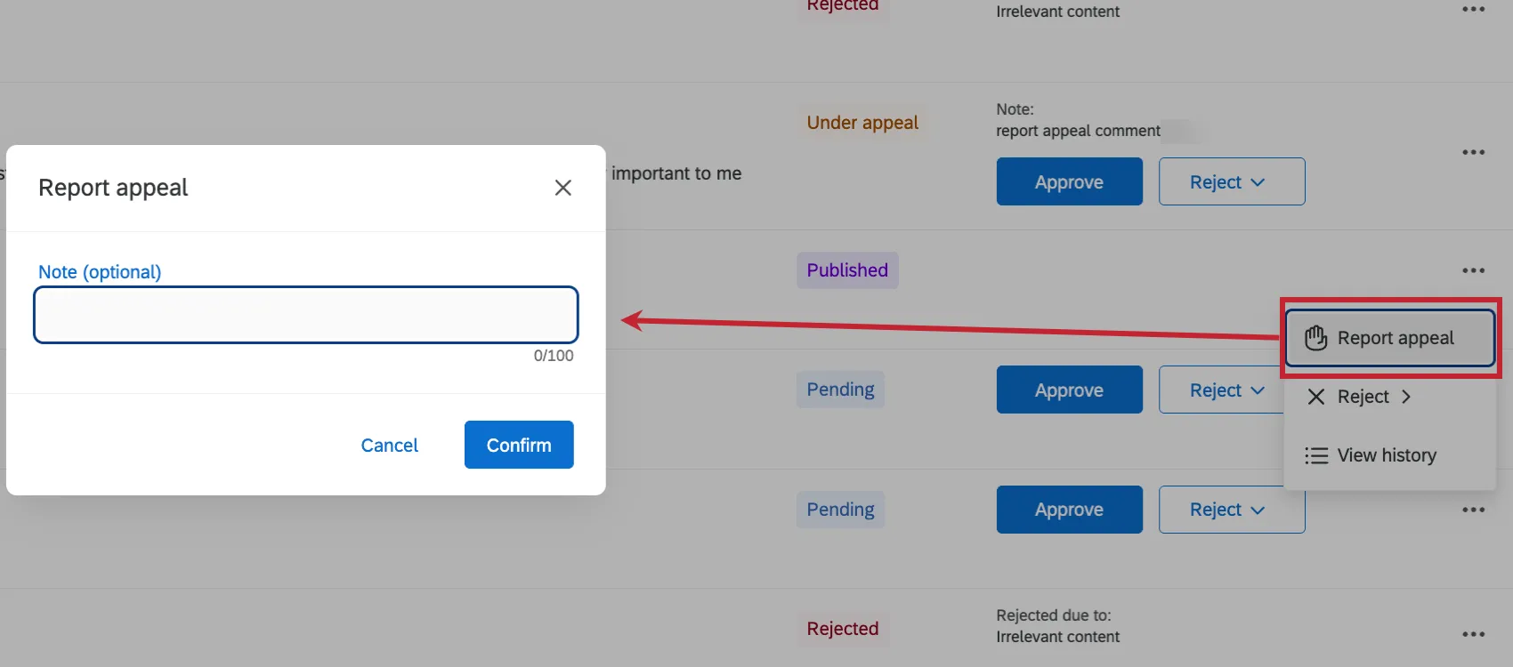 selecting "report appeal" and entering a reason