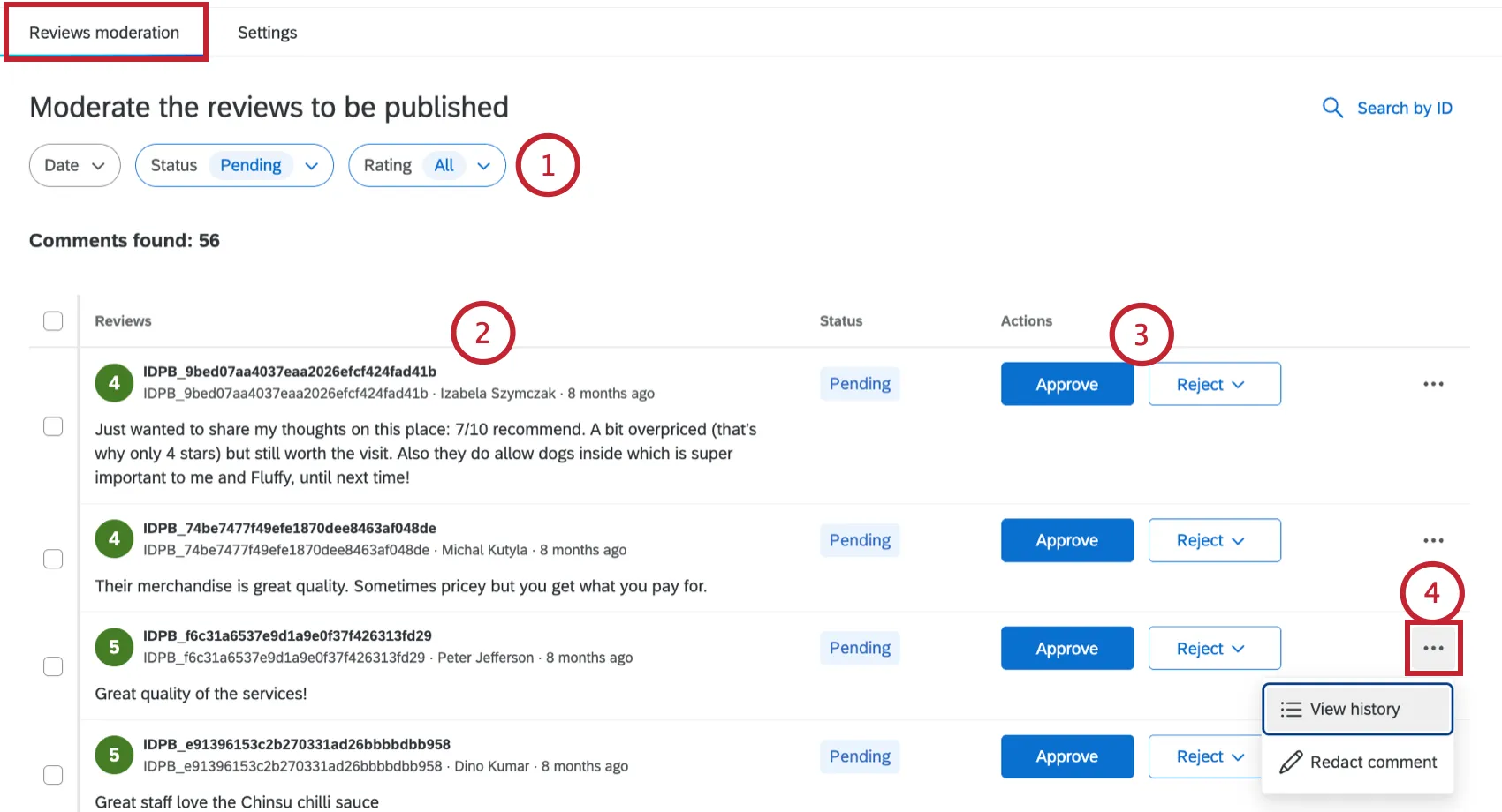la modération des évaluations après quelles ont été importées dans le projet
