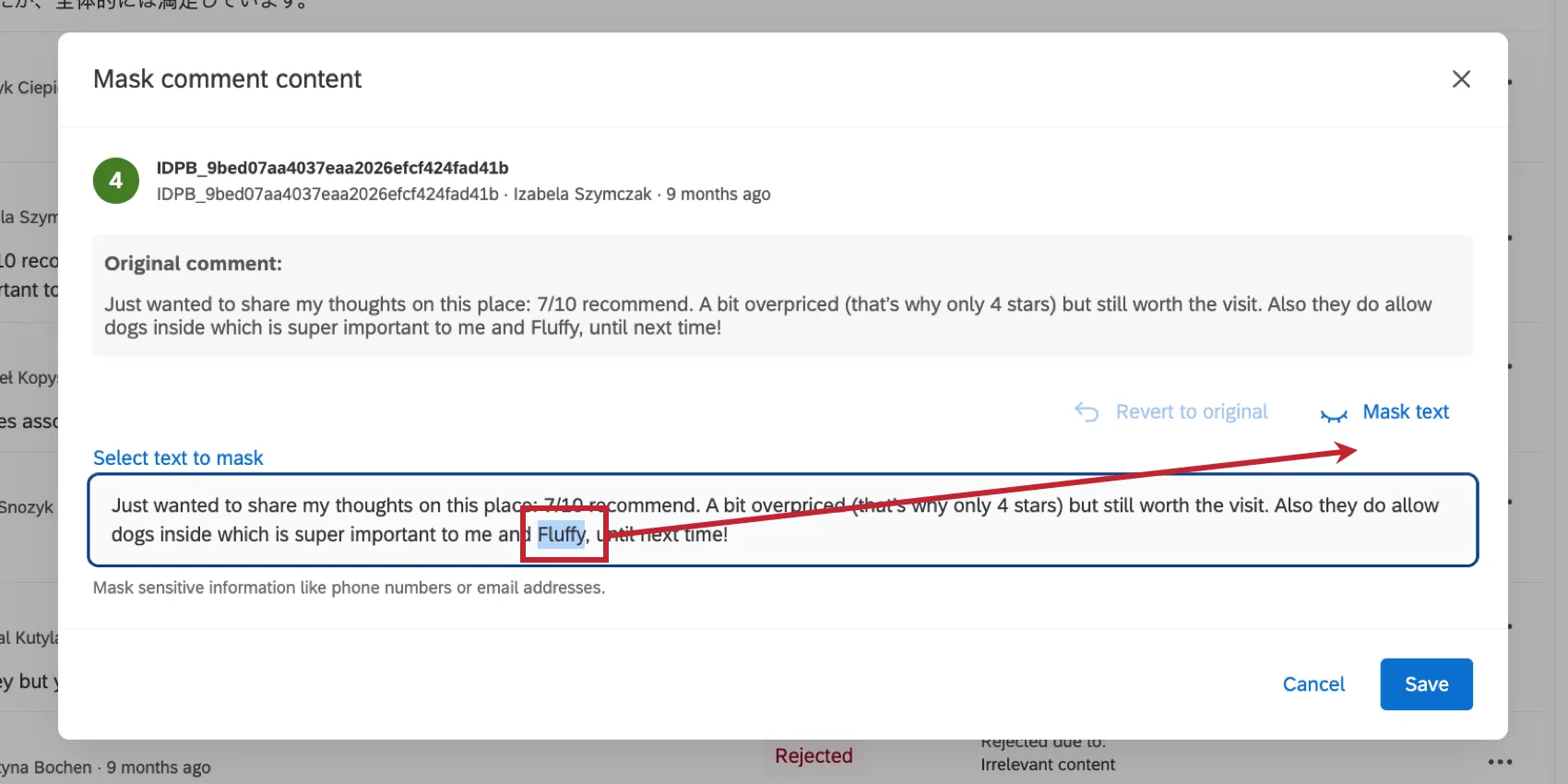 highlighting content to redact it