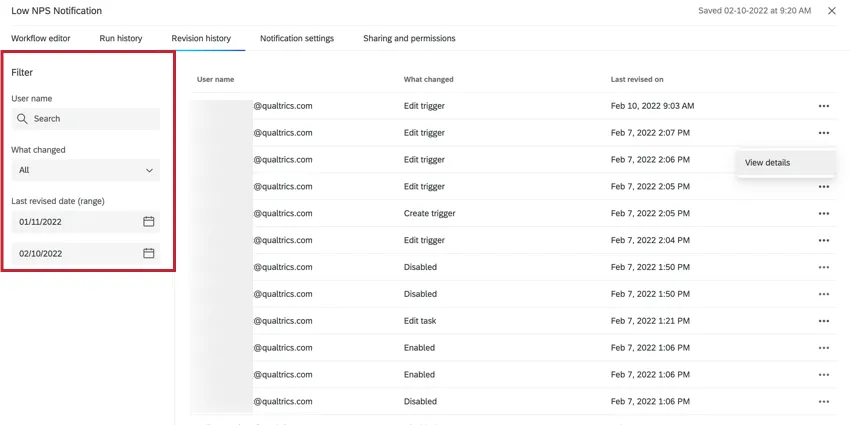 revision history filters