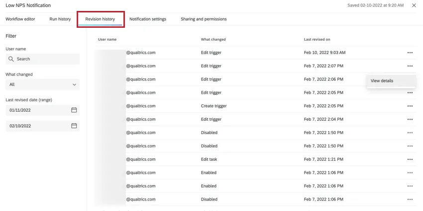 the revision history tab