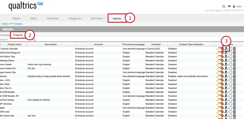 Seleção de permissões de usuário na página de projetos no admin