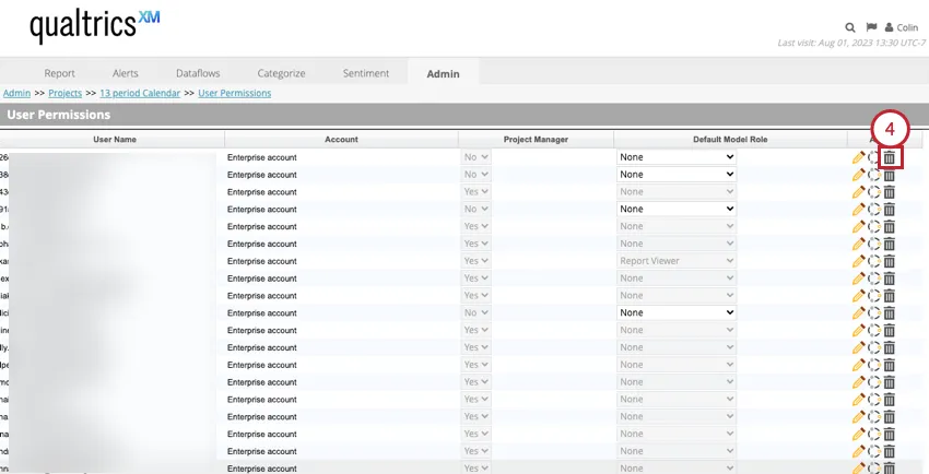 clicking the trash can icon next to a user