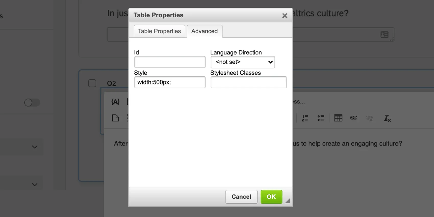 Advanced options in the table editor