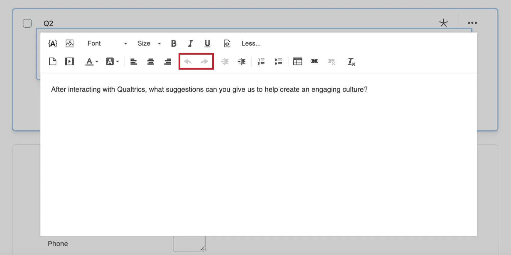 Undo and redo options in the rich content editor
