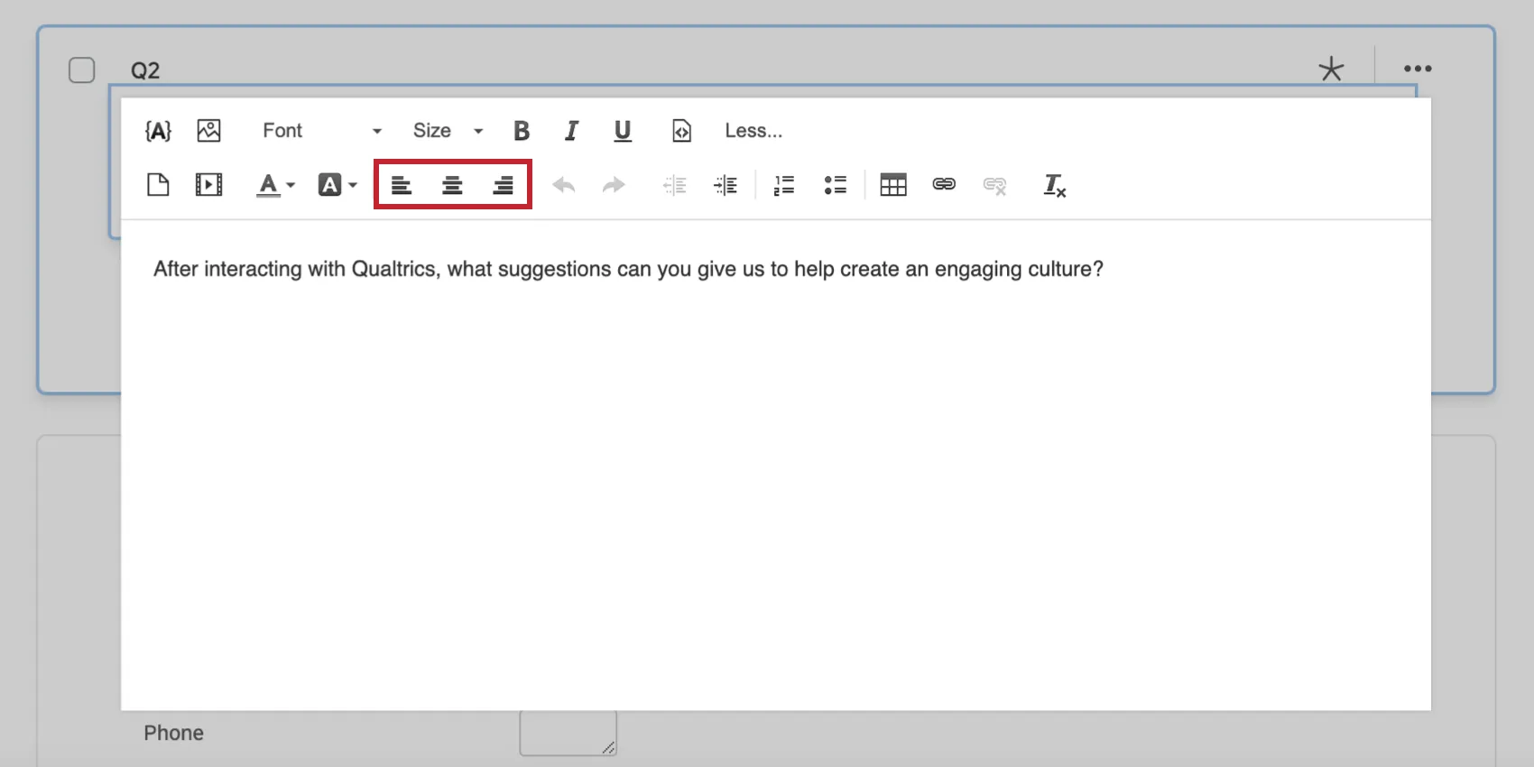 Ausrichtungsoptionen im Rich Content Editor