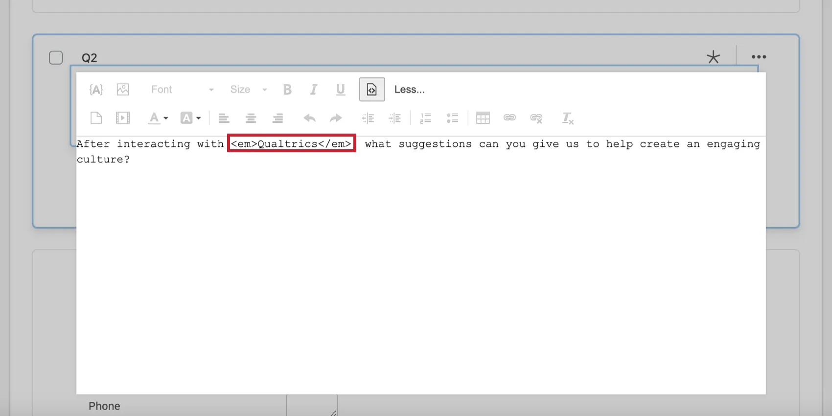 Italicized text in the HTML source view