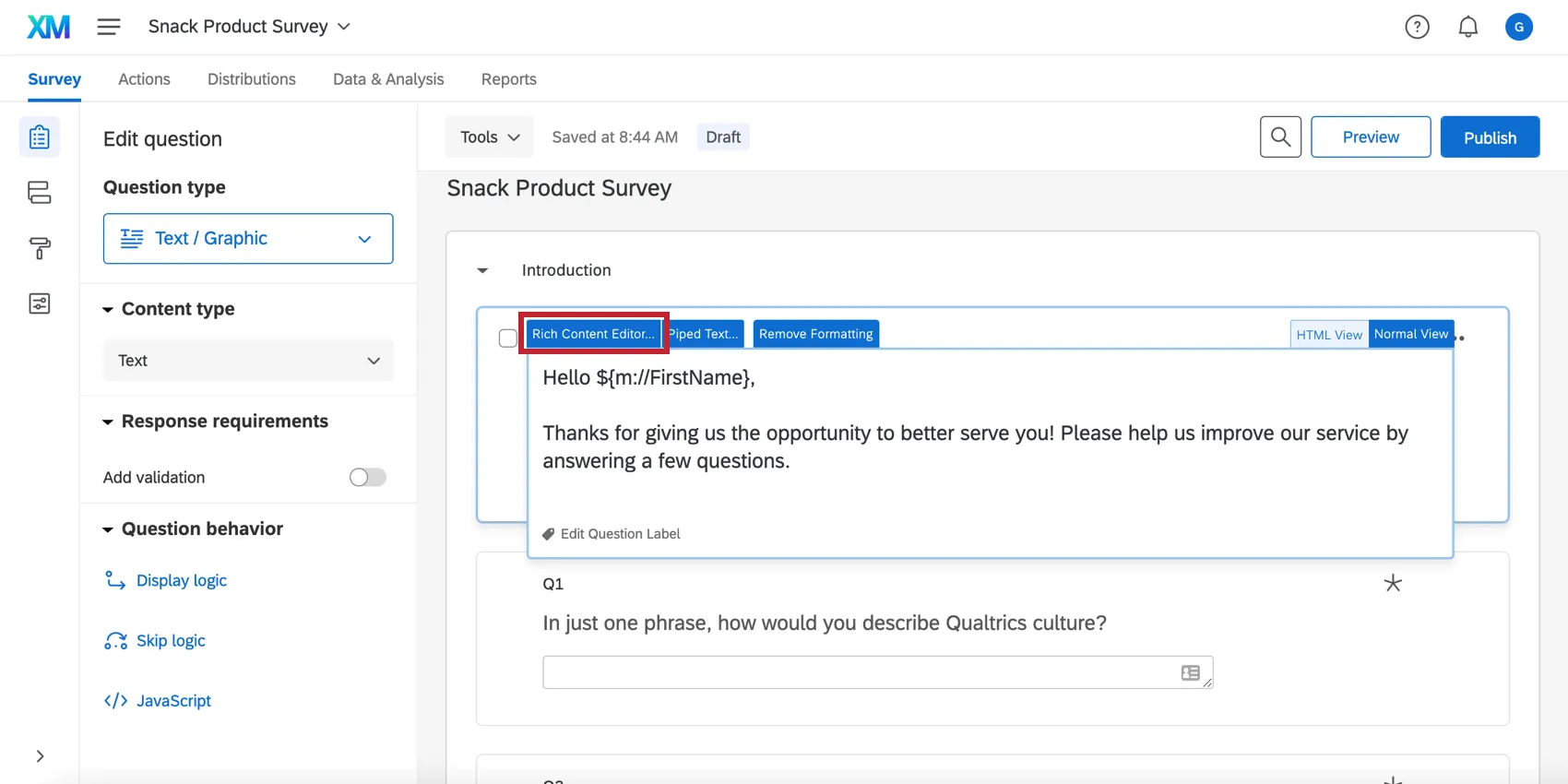 Rich Content Editor button at the top left of the question editor