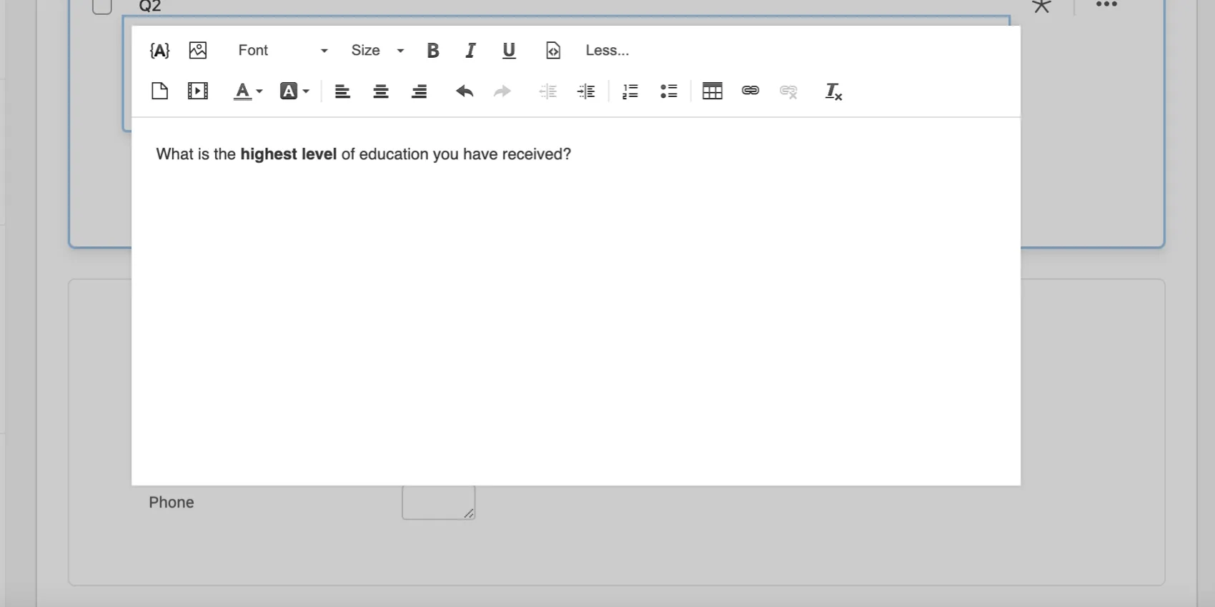Editor per contenuti avanzati con il massimo livello di istruzione indicato in grassetto