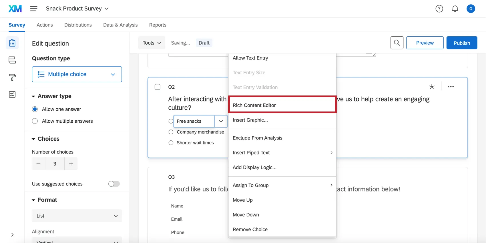 Editor de conteúdo avançado no texto de opção de resposta de uma pergunta