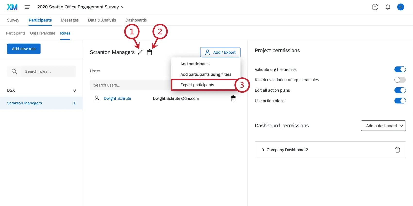 Role options; rename, delete, and export