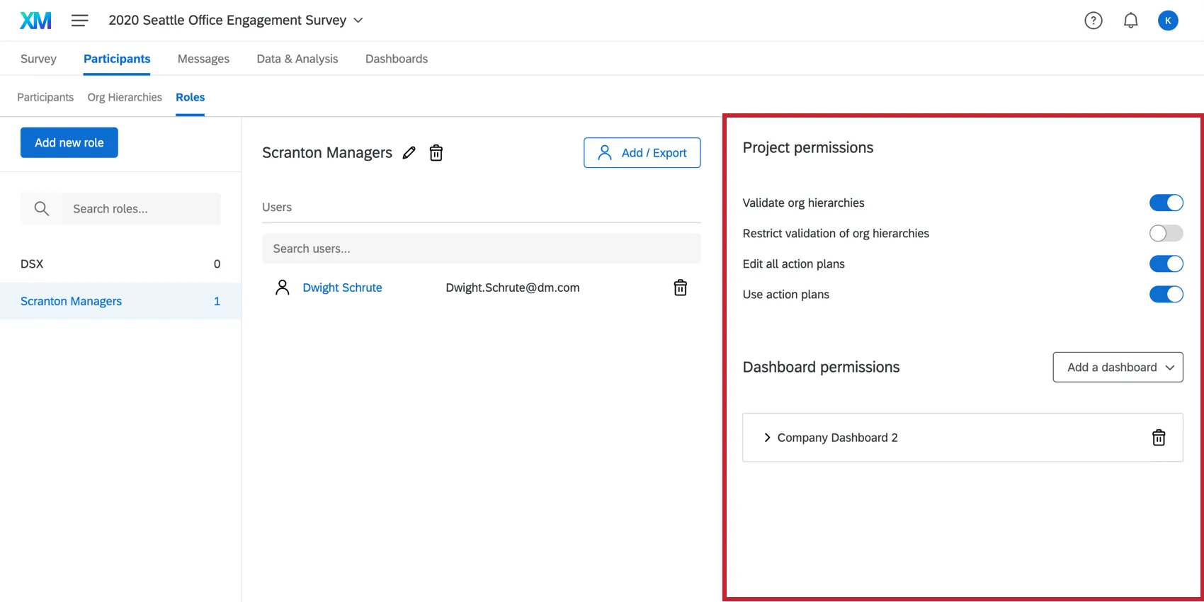 Role permissions section is highlighted on the right side of the screen