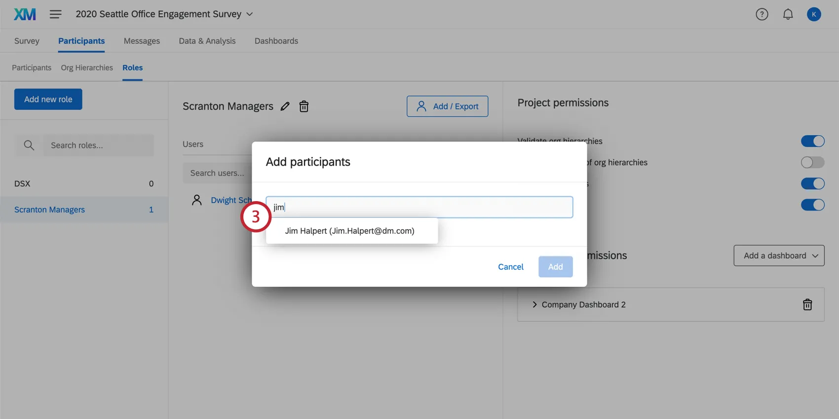 Add participants was selected, so a window is shown searching for a specific participant