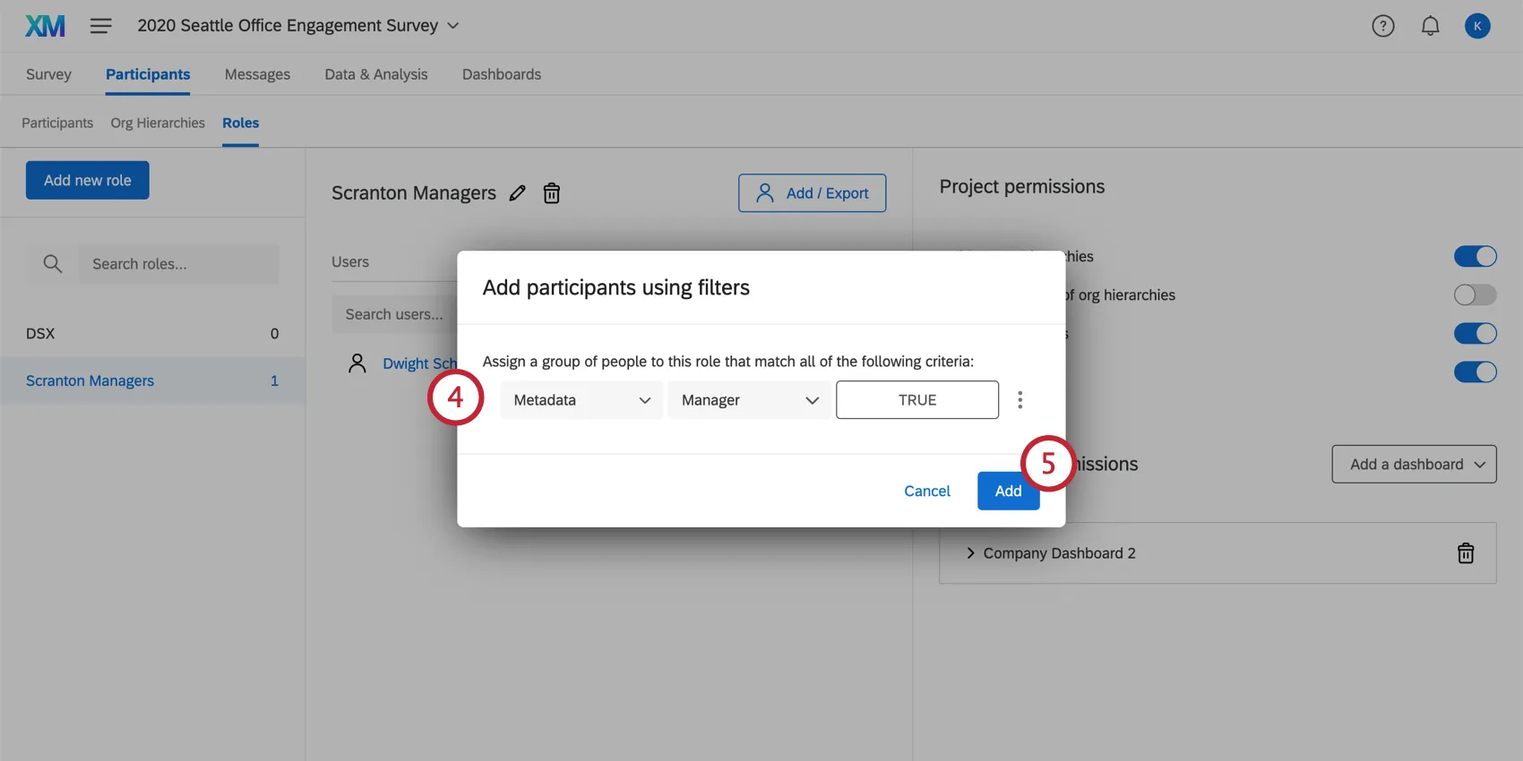 Adding participants using filters; filtered for if Metadata Manager is TRUE