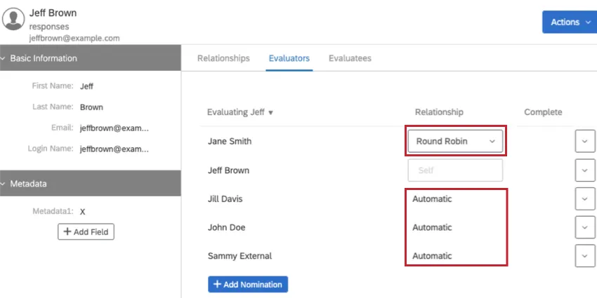 Al visualizar la información de un participante, ver una relación indicada como Round Robin o Automática
