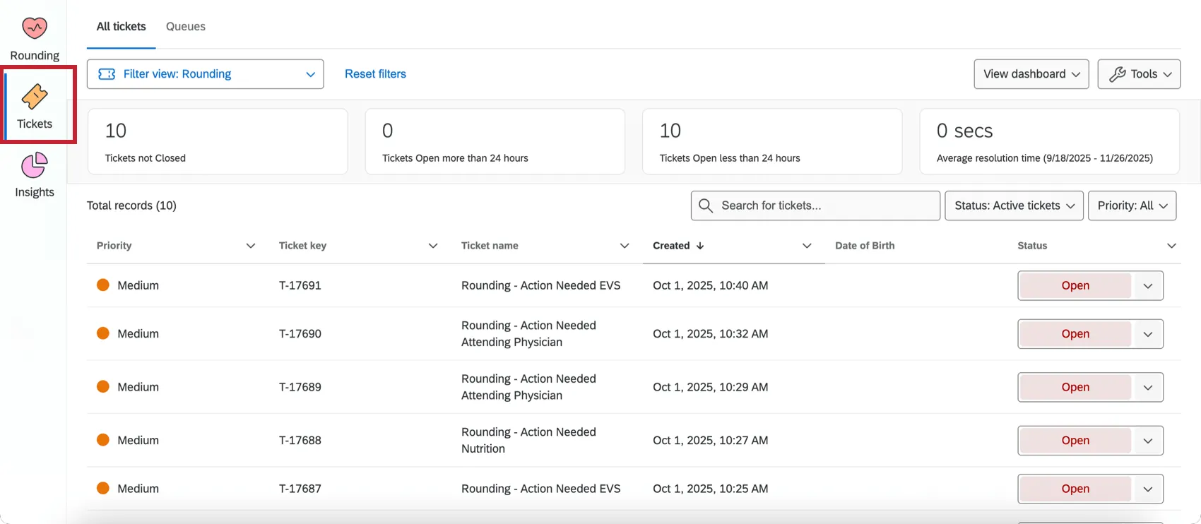 the tickets tab in the patient experience hub