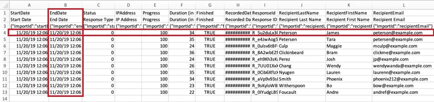 Image highlighted to show a row of responses and a column of "End Date" data