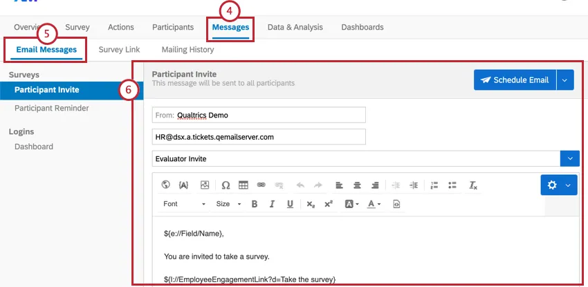 Seção Mensagens de e-mail da guia Mensagens. Podemos ver que um exemplo de e-mail está todo configurado, com links pesquisa e uma mensagem