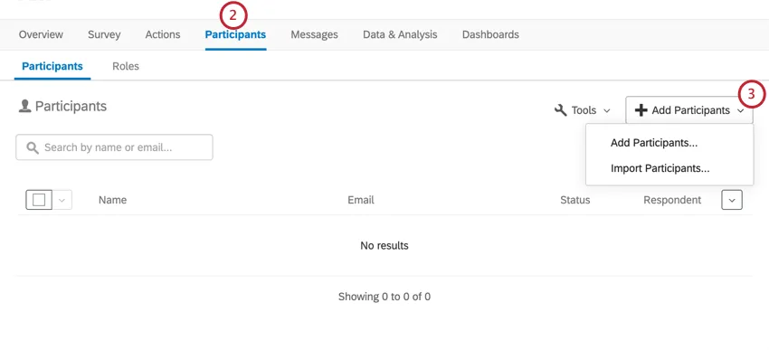 Add participants menu expanded in the participants tab of the project