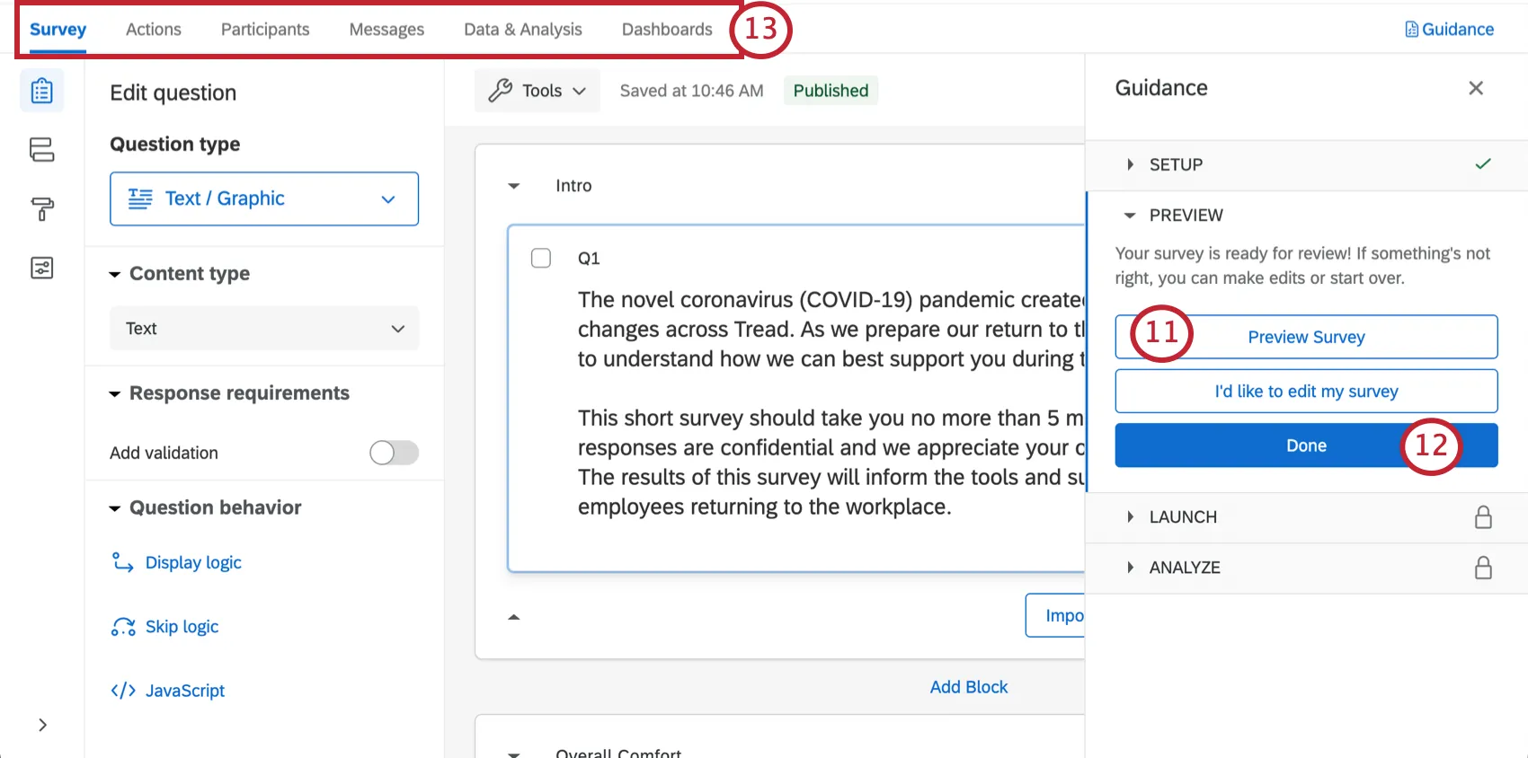 Survey builder open with a guidance sidebar to the right that takes you through key steps