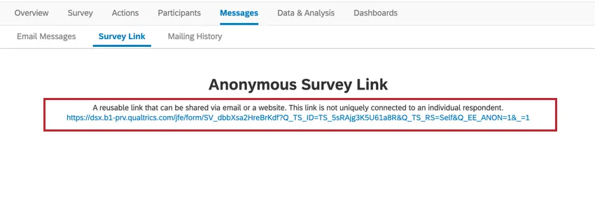 Survey link section of the messages tab