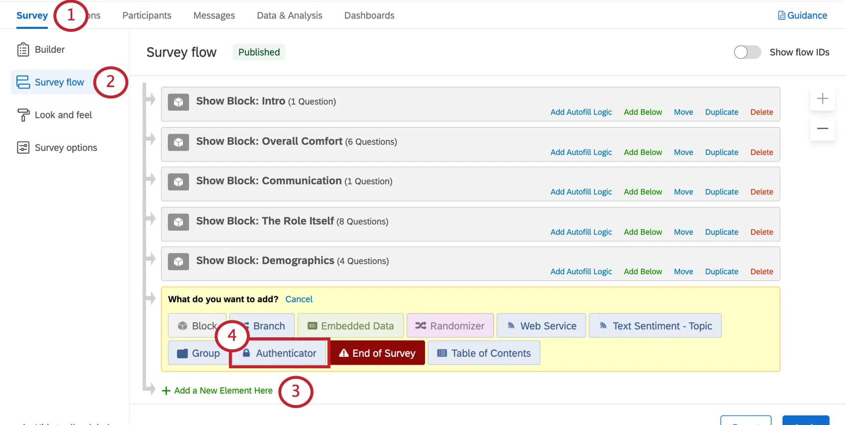 Survey flow button in toolbar along left of survey builder. Yellow area in survey flow where you can choose from colorful elements - authenticator in blue