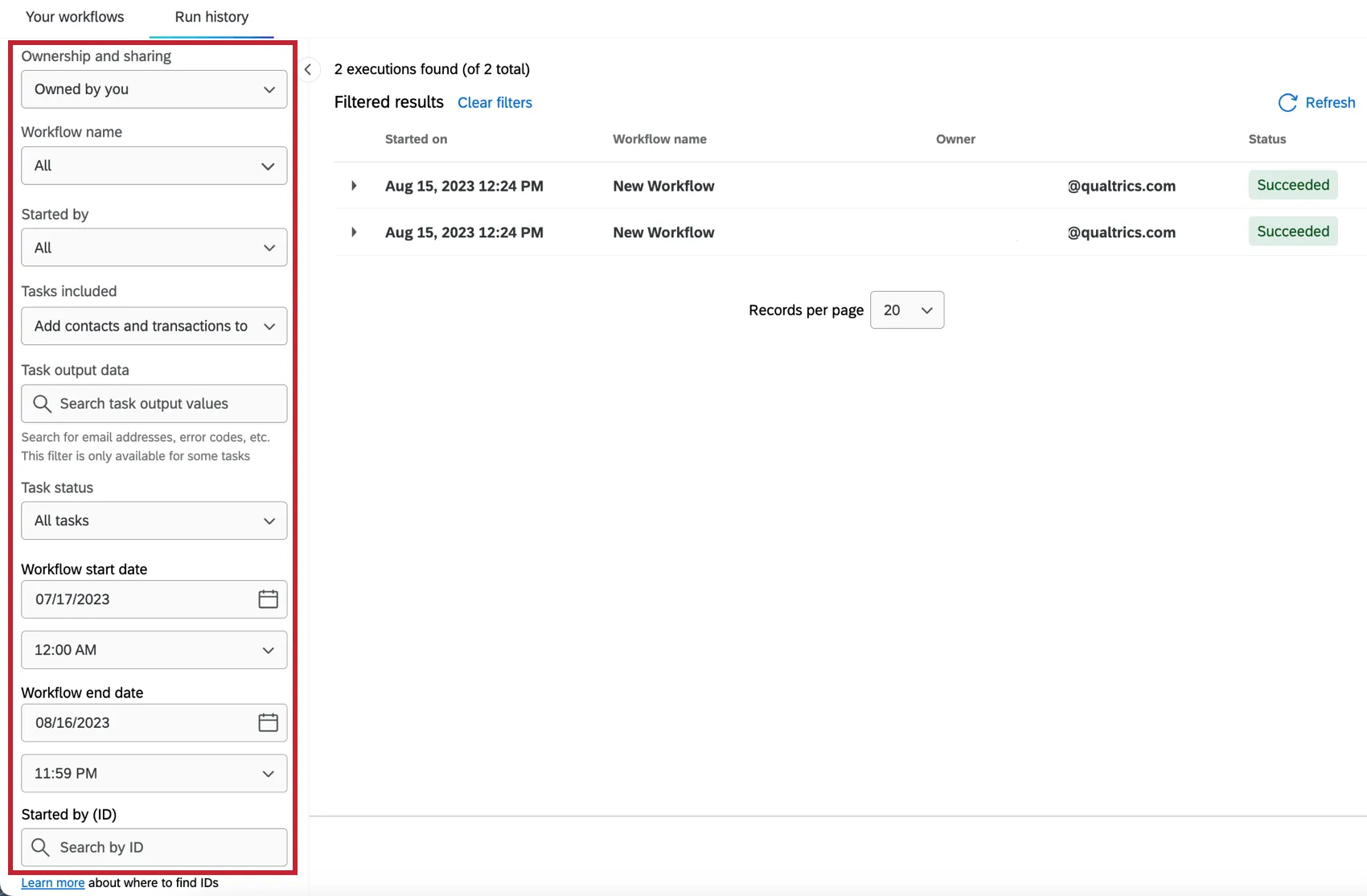 Los filtros en el lado izquierdo para filtrar los informes del flujo de trabajo .