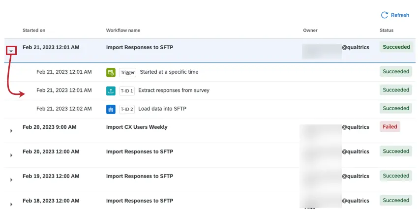 clicking on a workflow to expand it