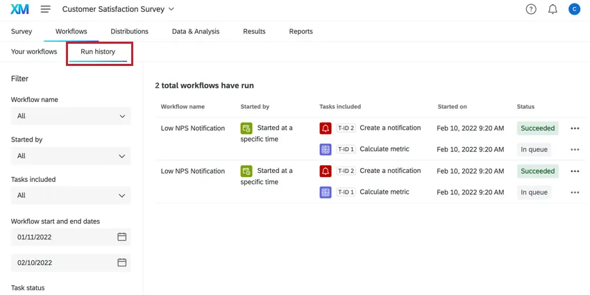 a guia Histórico de execução na guia Fluxos de trabalho