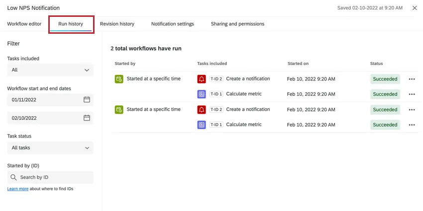 the run history tab within a specific workflow