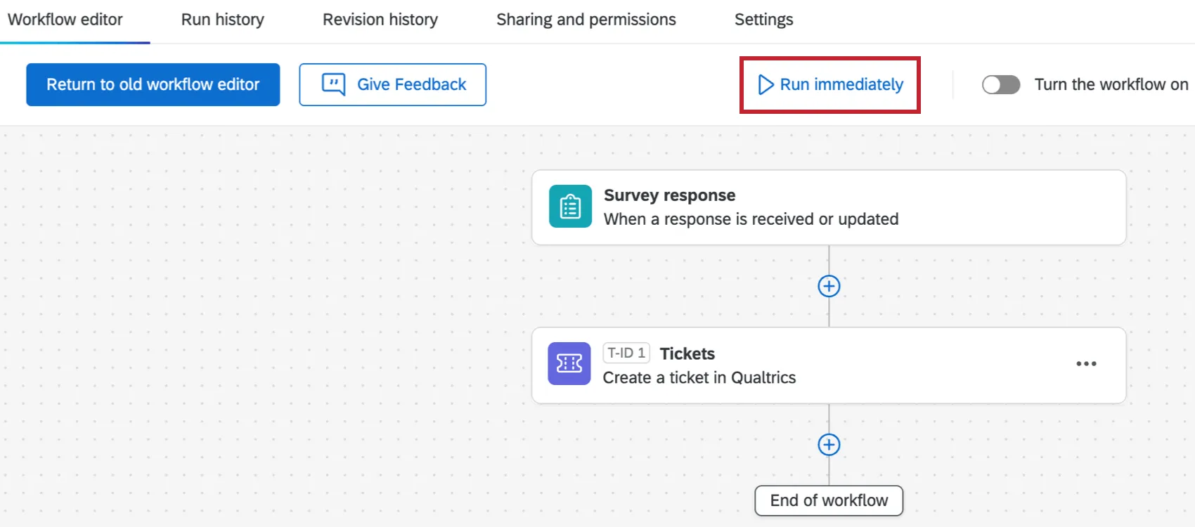 "Run immediately" button within a workflow
