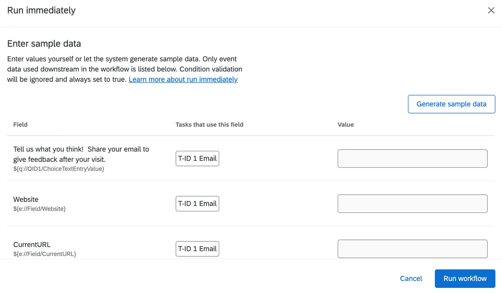 window to enter sample data when running your workflow immediately