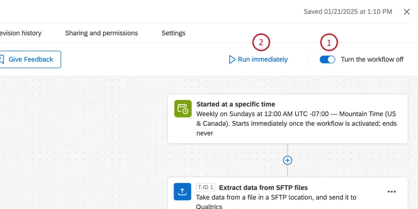 the workflow toggle and "run immediately" button are at the top of the page