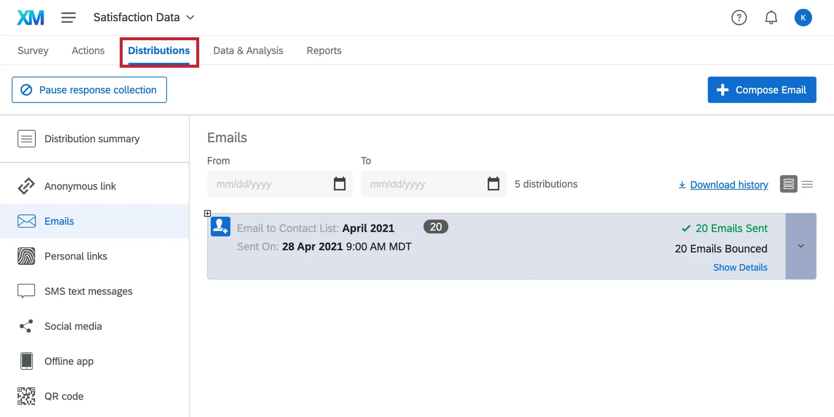 Salesforceにリンクして配信されたアンケートの配信タブ。
