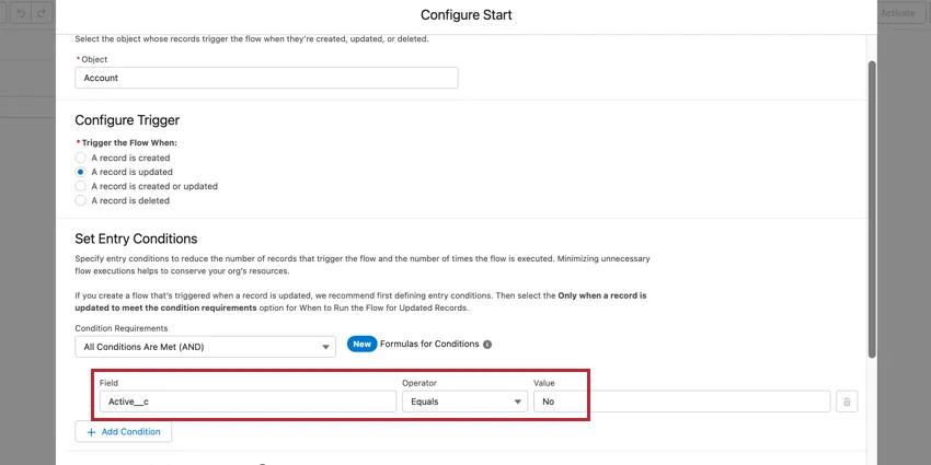 Una condición para que la cuenta esté activa en Salesforce