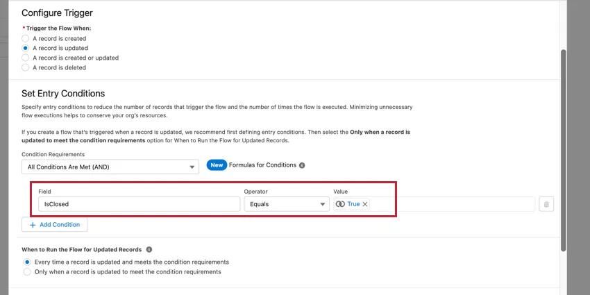condizione per la chiusura di un caso in un flusso Salesforce