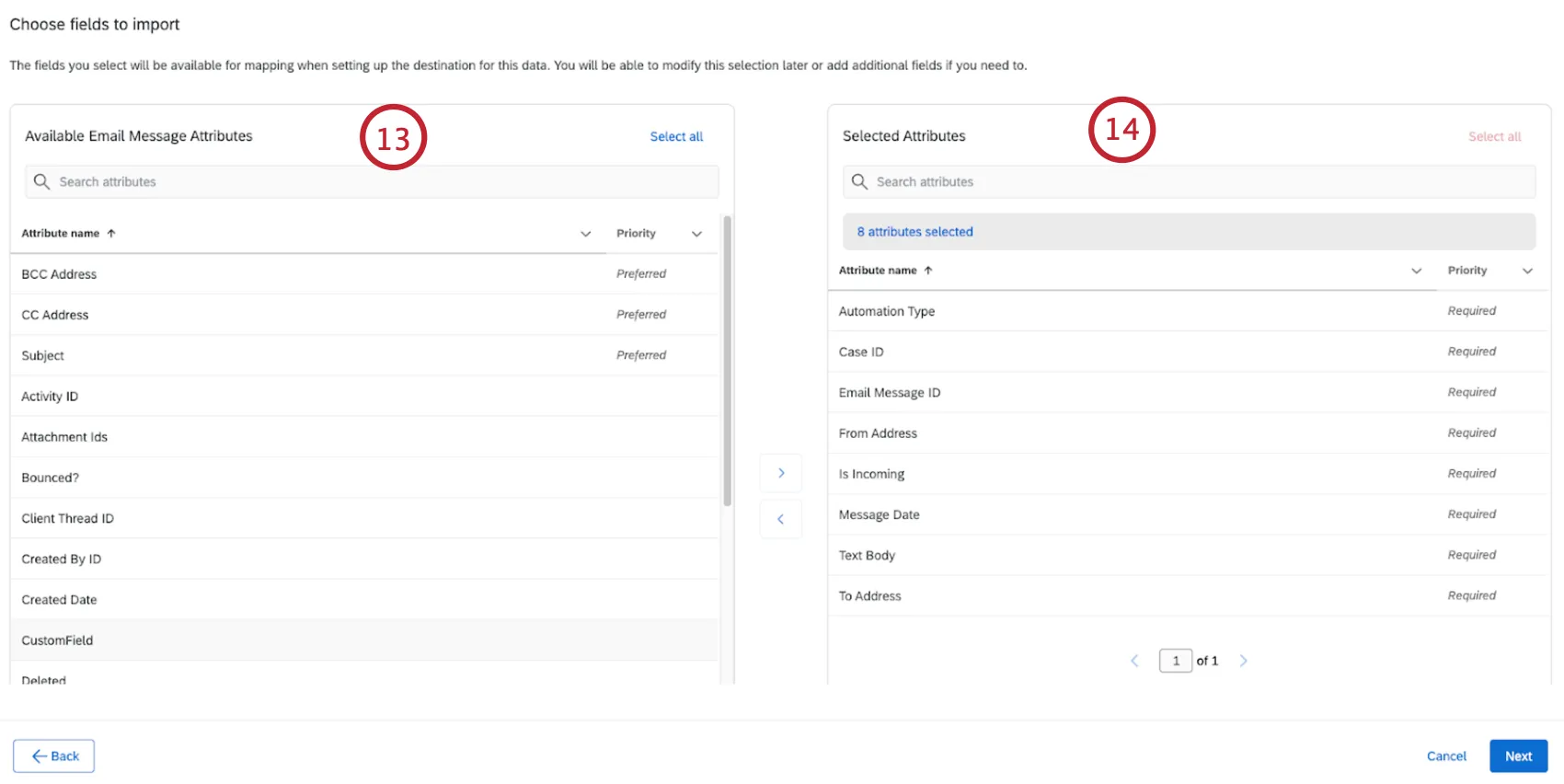 revisar os campos de e-mail que estão disponíveis para importação