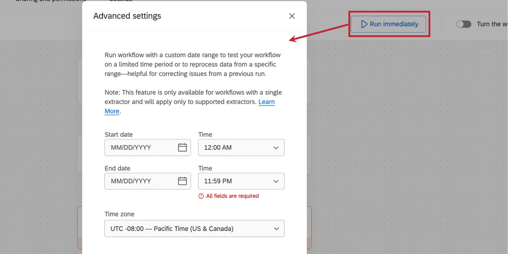 Haga clic en ejecutar inmediatamente para establecer un período de tiempo personalizado