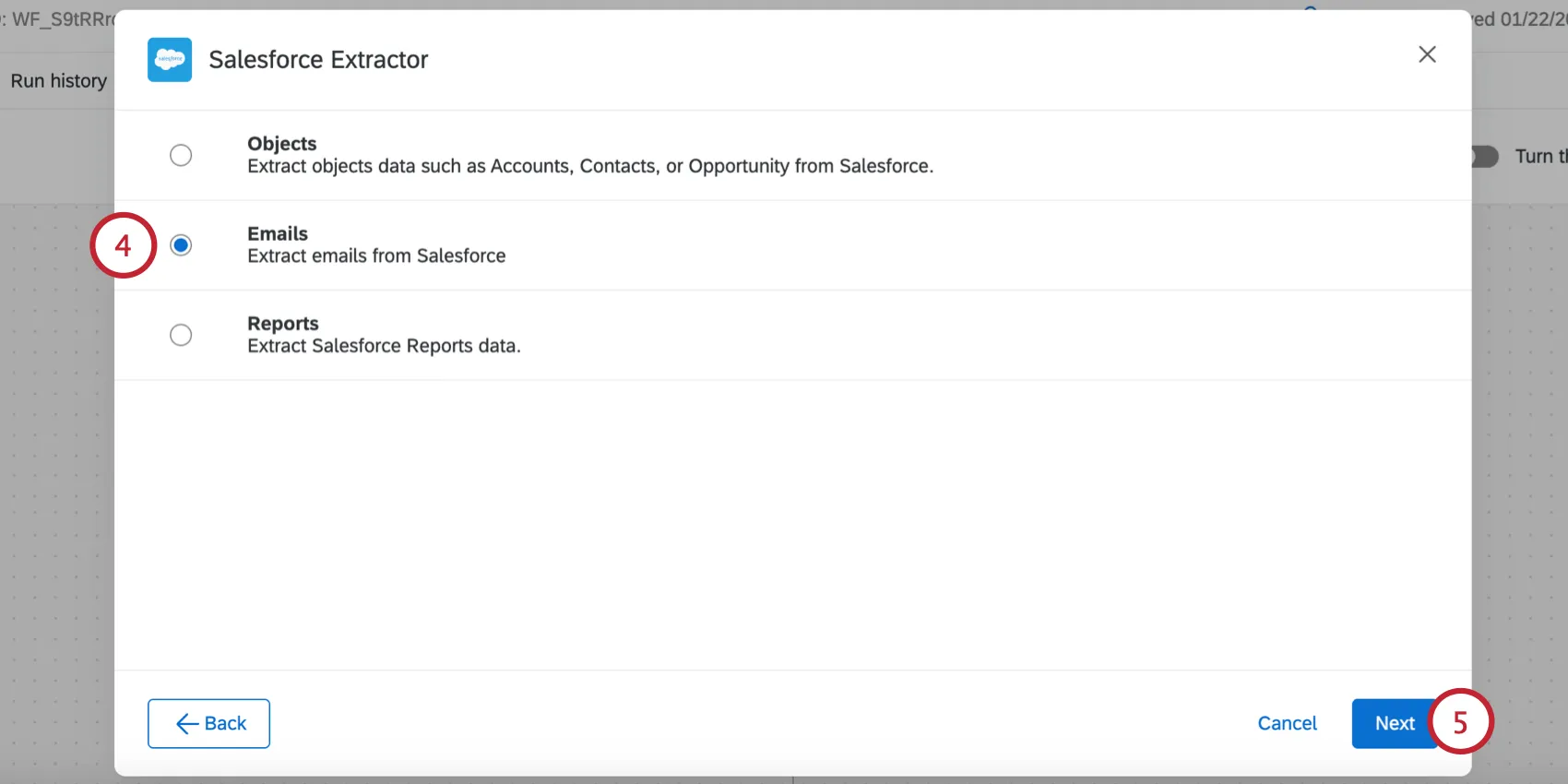 Seleccionar correos electrónicos como el tipo de datos a importar