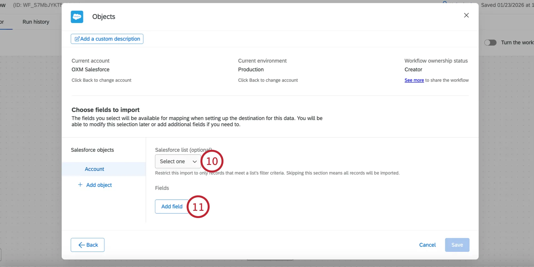 choosing the Salesforce list and selecting fields to import