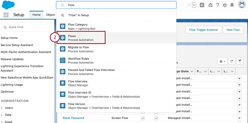choosing flow from the setup search