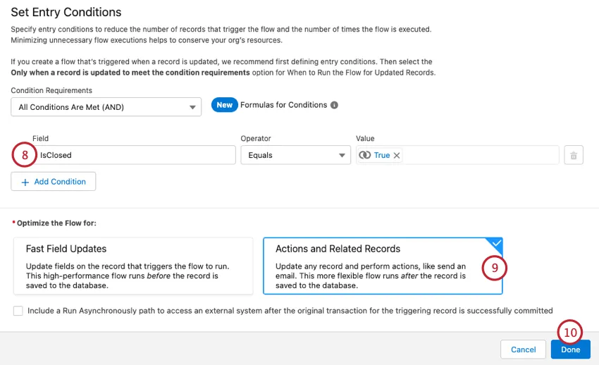 creating entry conditions and saving the flow